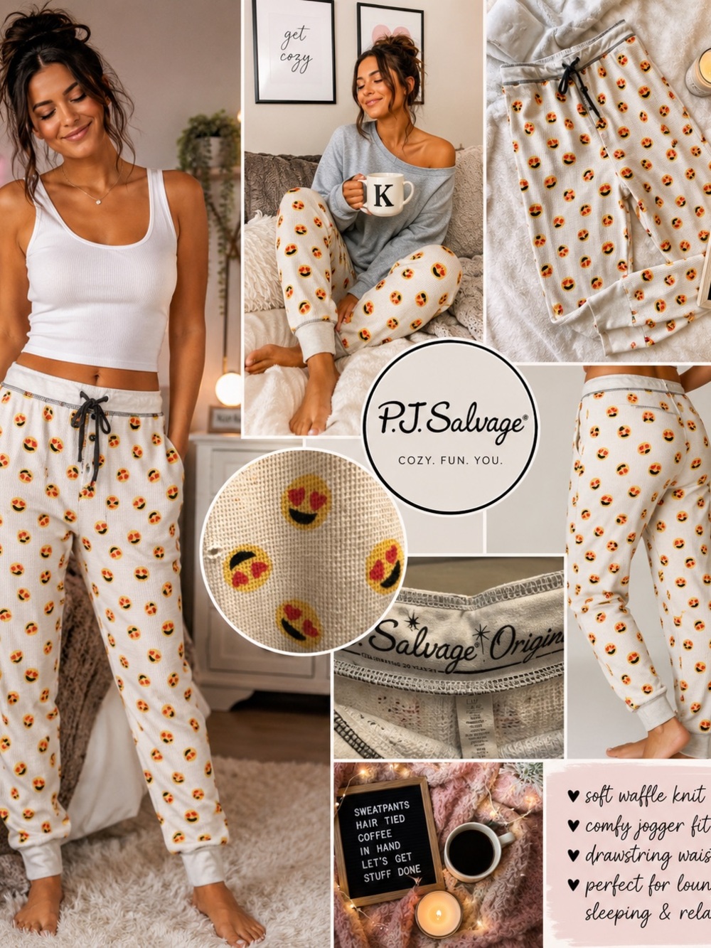 P.J. Salvage Thermal Waffle Pajama Jogger Pants Womens Large Heart Eyes Emoji
